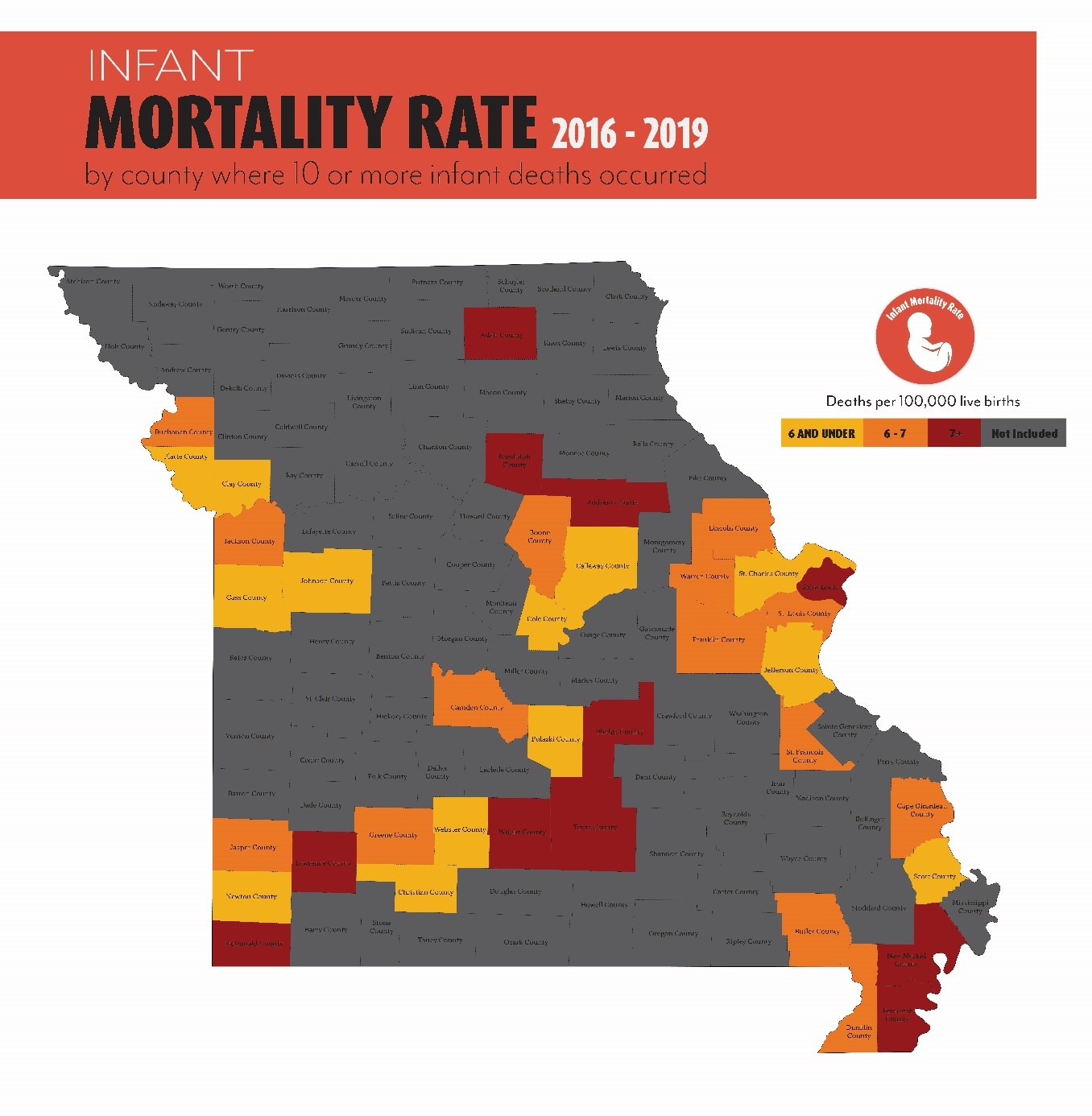 map of Missouri counties and infant mortality rate where ten or more deaths occurred between 2016-2019